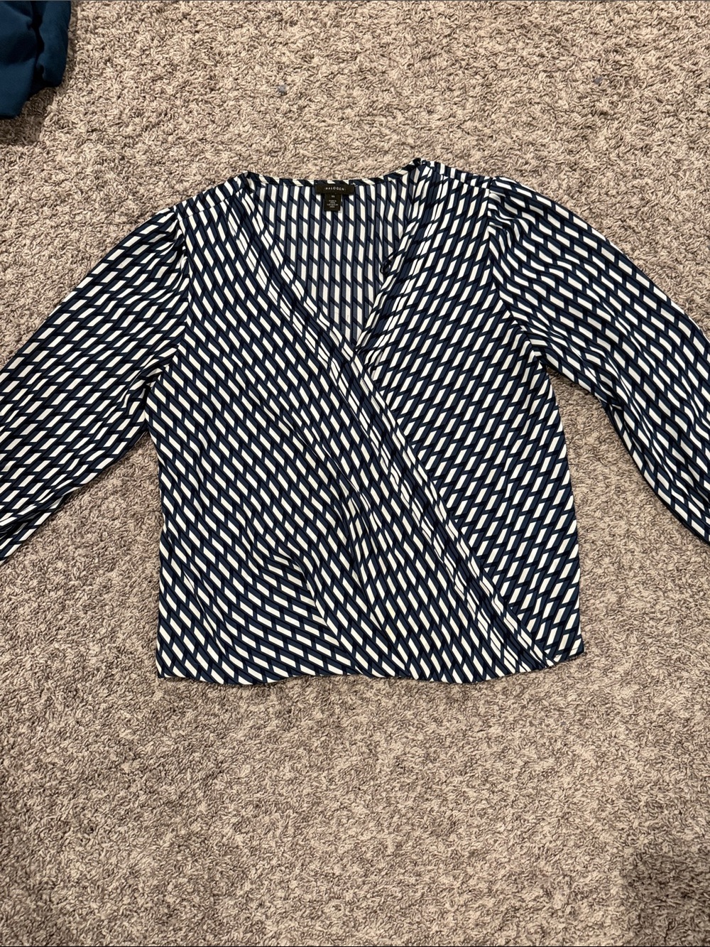 Halogen Navy and White Geometric Wrap Blouse Size M